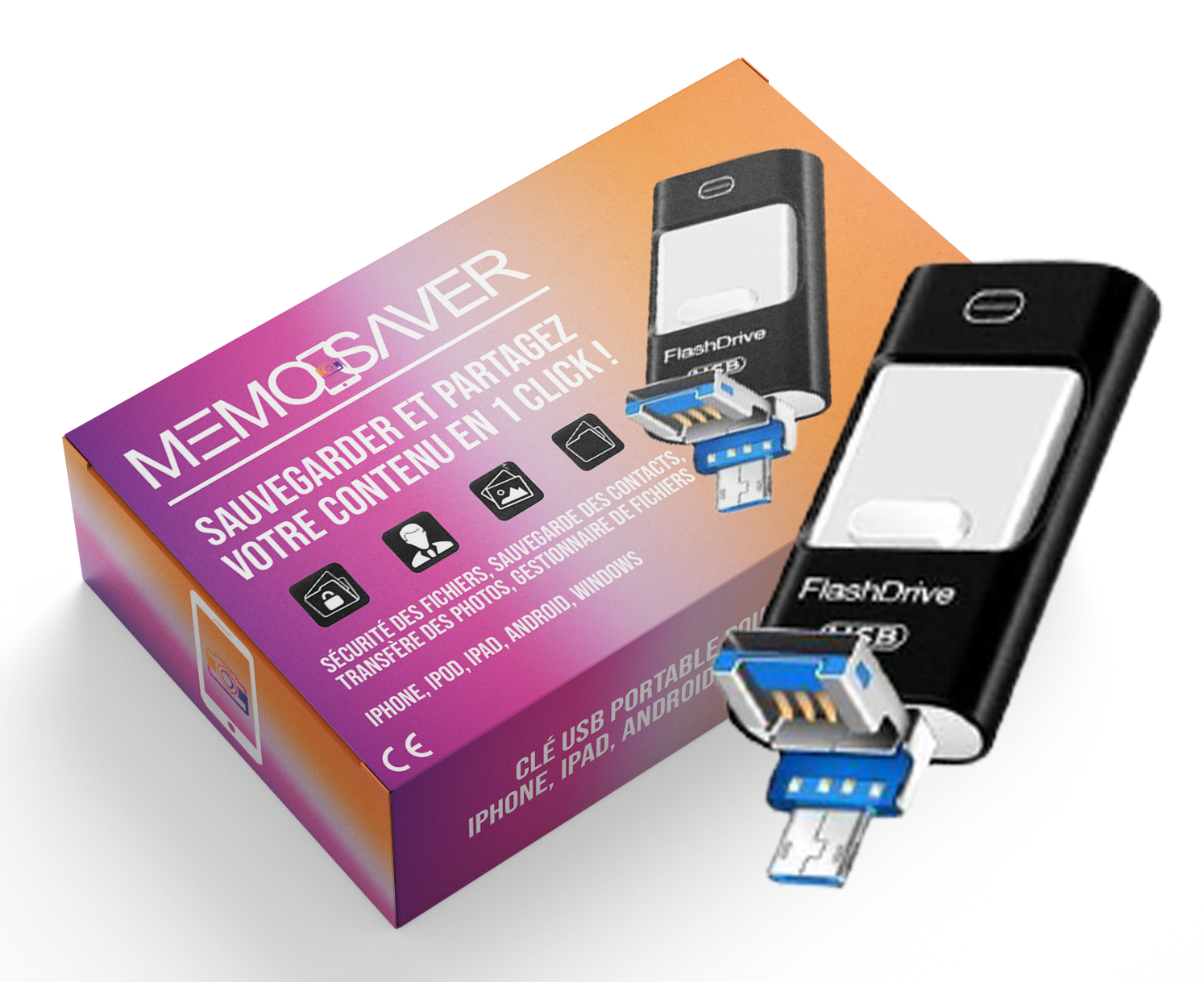 MEMO SAVER® - Clé USB portable pour Iphone, Ipad, Android, Windows